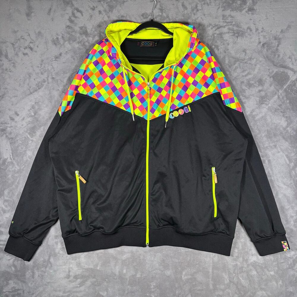 COOGI Neon Checkerboard Hooded Track Jacket Men’s 3XL Black Multicolor